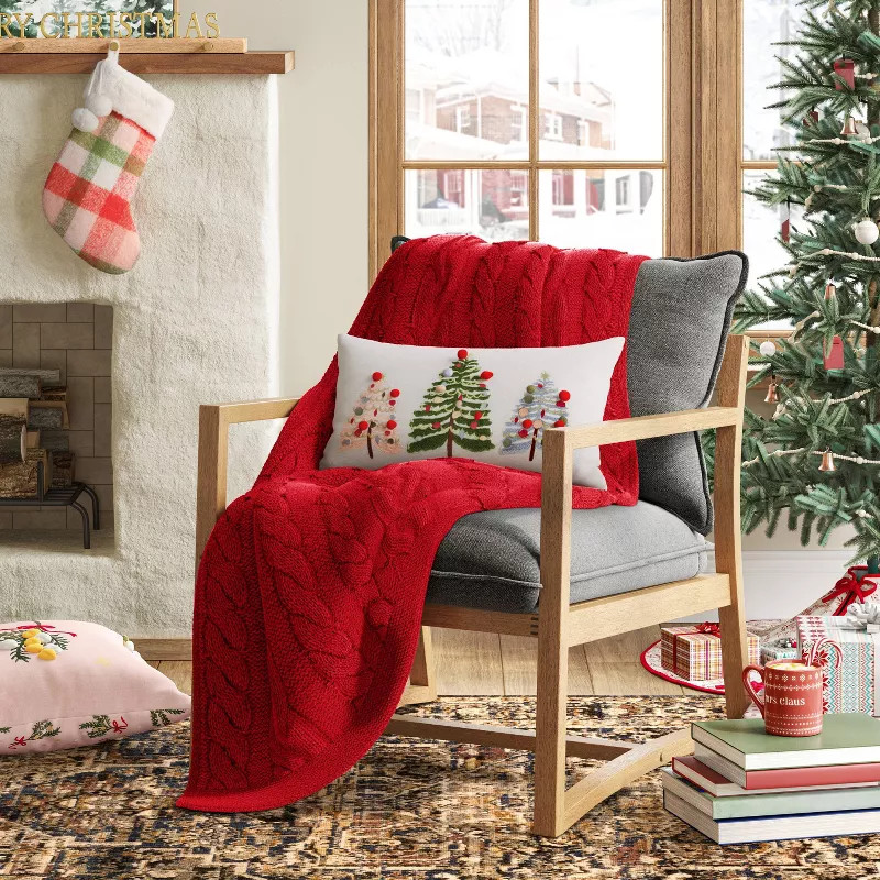 Embroidered Christmas Trees Lumbar Christmas Throw Pillow with Pom Poms Ivory - Threshold™ | Target