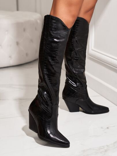 New
     
      Crocodile Embossed Point Toe Chunky Heeled Western Boots | SHEIN