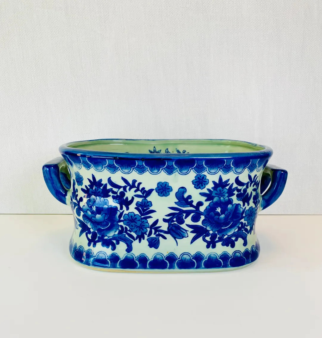 70's Vintage Chinoiserie Blue & White Floral Ceramic Foot Bath // Jardinière // Chinese Indoor O... | Etsy (US)