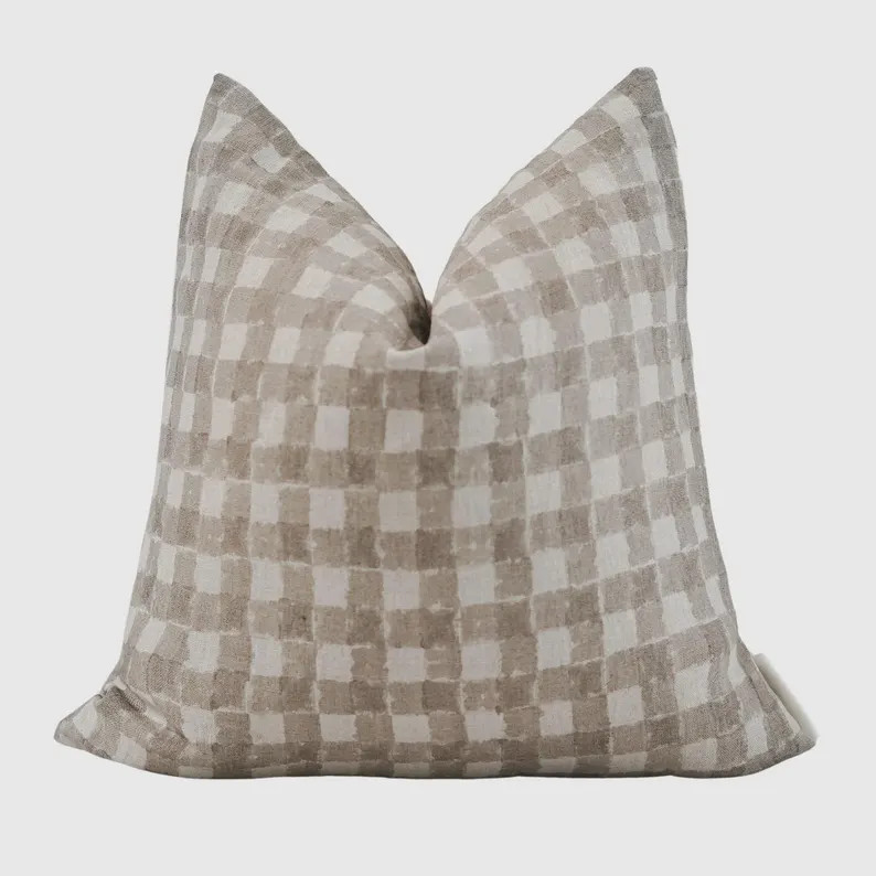 Tan Plaid Linen Pillow Cover – Beige Hand Block Print Decorative Pillow - Etsy | Etsy (US)
