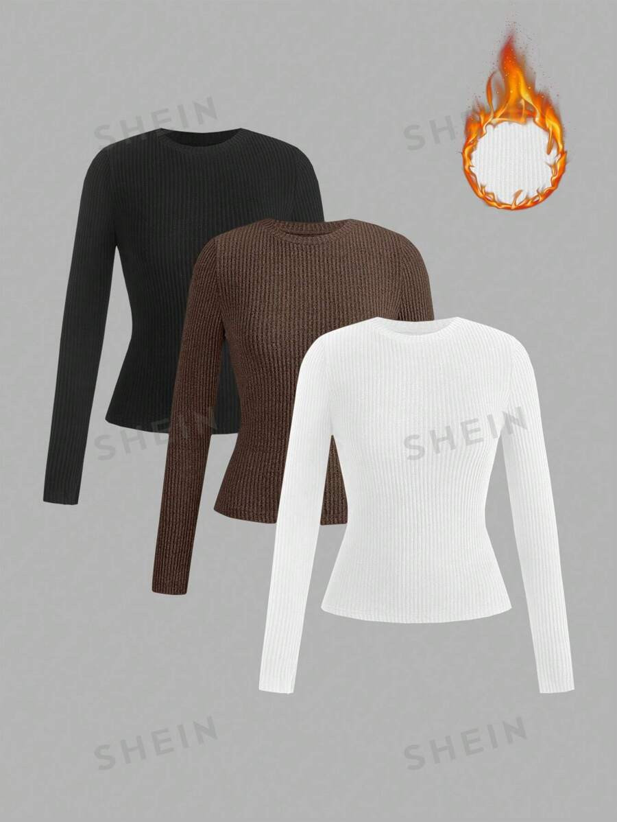 SHEIN EZwear Women Multi-Color Knitted Solid Crew Neck Long Sleeve Bodycon T-Shirt, Autumn | SHEIN