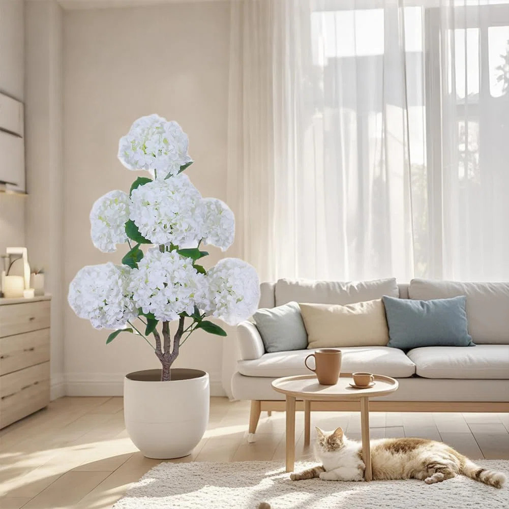 3ft Artificial Hydrangea Tree in Pot – 90cm Faux Flowering Plant with Leaves, White Decorative ... | Wayfair North America