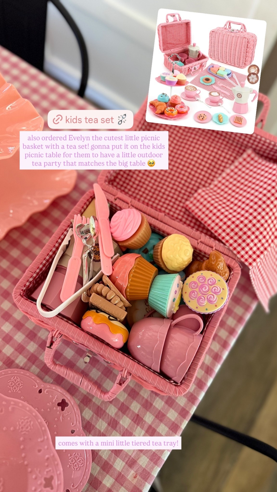 also ordered Evelyn the cutest little picnic basket with a tea set! gonna put it on the kids picnic table for them to have a little outdoor tea party that matches the big table 🥹  comes with a mini little tiered tea tray!