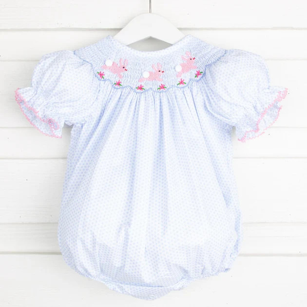 Bunny and Flowers Smocked Bubble Light Blue Dot | Classic Whimsy