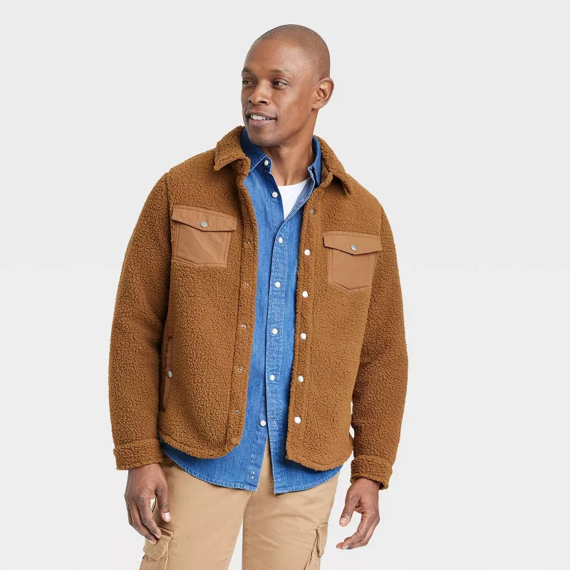 Men's Sherpa Long Sleeve Shacket - Goodfellow & Co™ Brown L | Target