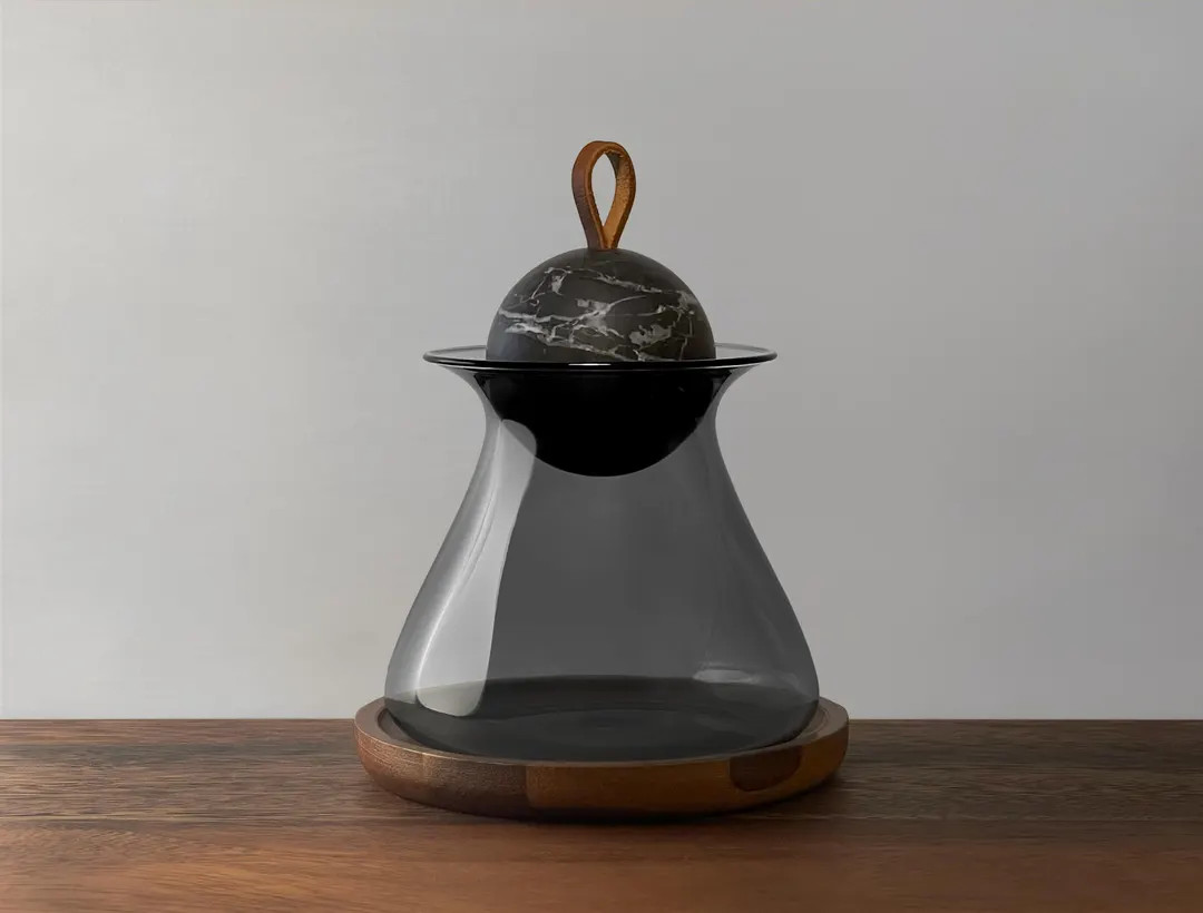 Decorative Triangular Smoked Glass Container/Jar with Natural Black Marble Ball Lid, Inset Leathe... | Etsy (US)