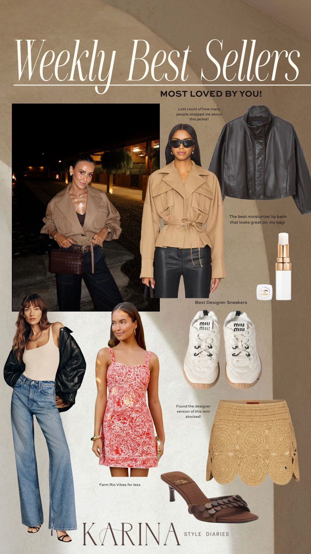 Weekly best sellers! Crop trench jacket xs (fits oversized) 
Wide leg jeans and high collar leather jacket (this duo has been here for weeks now!)
Cutest farm Rio vibes dress - under $100 size small
Miu miu sneakers are restocked! 
Chanel lip balm I love and it’s actually moisturizing 

#LTKootd #LTKBeauty #LTKFindsUnder100