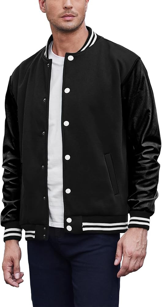COOFANDY Mens Fashion Varsity Jackets Leather Sleeve Slim Fit College Baseball Letterman Bomber C... | Amazon (US)