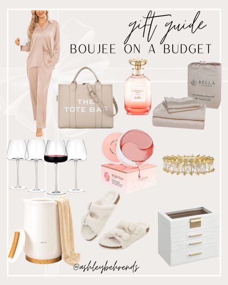 Gift guide for her: Boujee on a budget 🎁 💞
#giftguide #holidayguide #giftsforher #luxe #budgetfriendly #aesthetic #cleangirl #pajamas #thetotebag #handbag #perfume #coach #bamboosheets #wineglasses #eyepatches #jewelry #ring #towelwarmer #sherpa #sandals #jewelrybox #satin #loungewear #slippers #glowrecipe #skincare #beats 

#LTKCyberweek 

#LTKGiftGuide #LTKHoliday