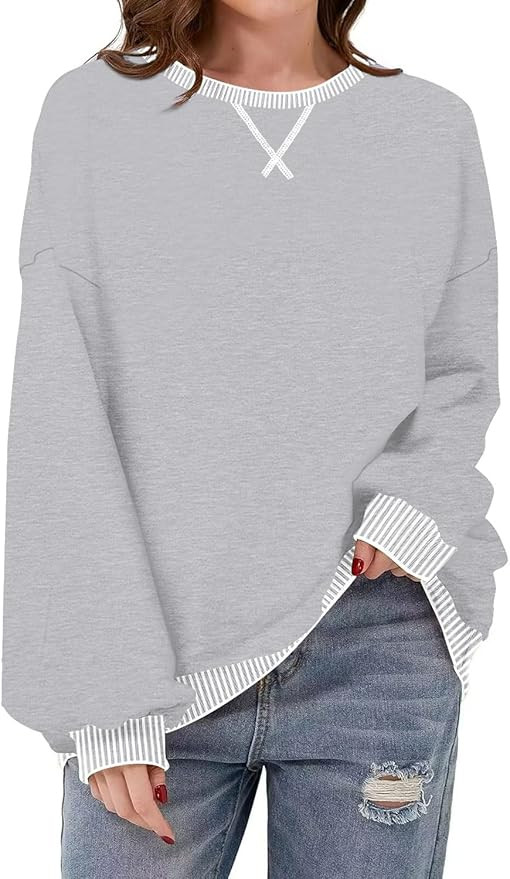 Womens Sweater Oversized Color Block Long Sleeve Crew Neck Ribbed Stripe Design 2024 Fall Winter ... | Amazon (US)