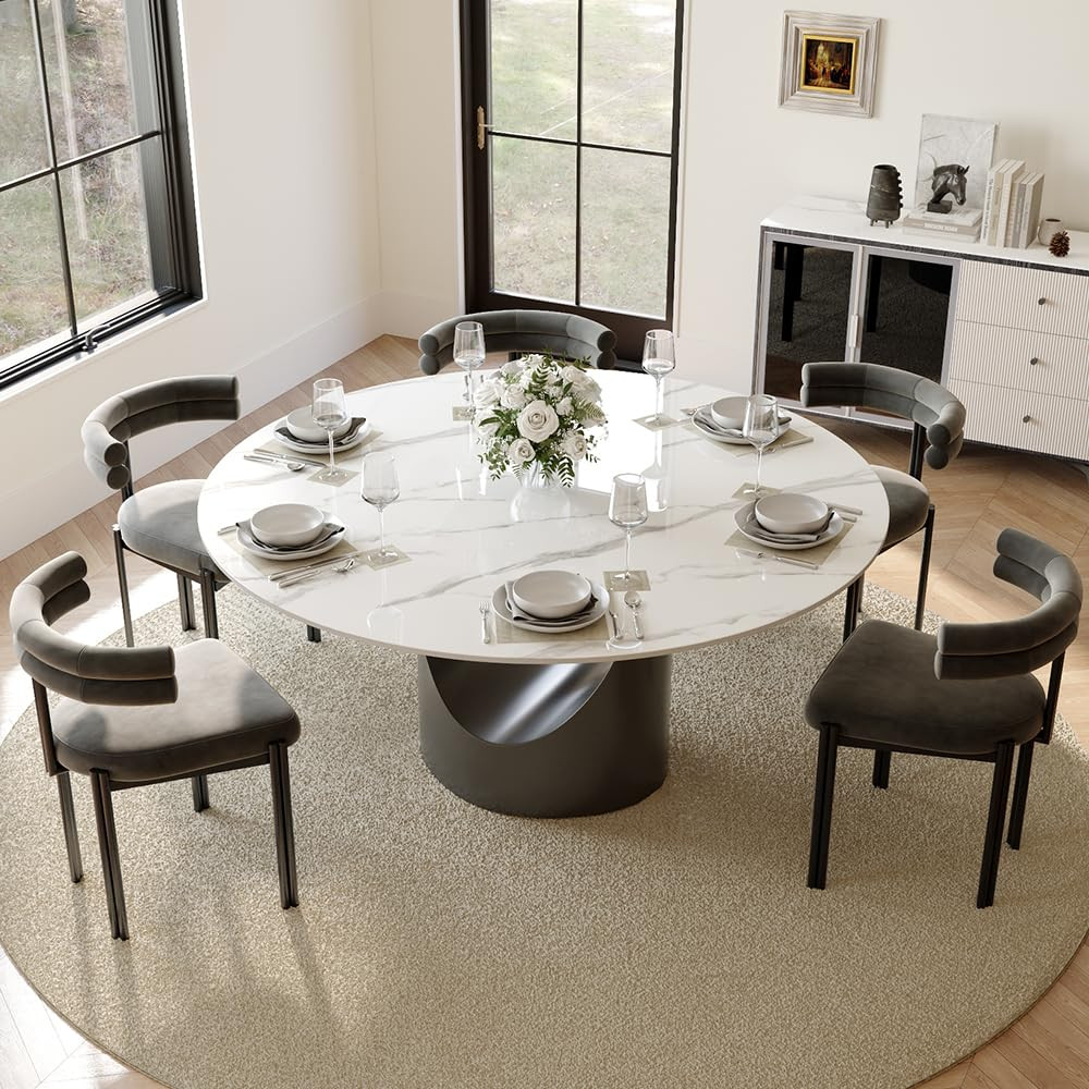 POVISON Round Dining Table for 4-6, 59" Glossy White Sintered Stone Tabletop Dining Table with Gr... | Amazon (US)