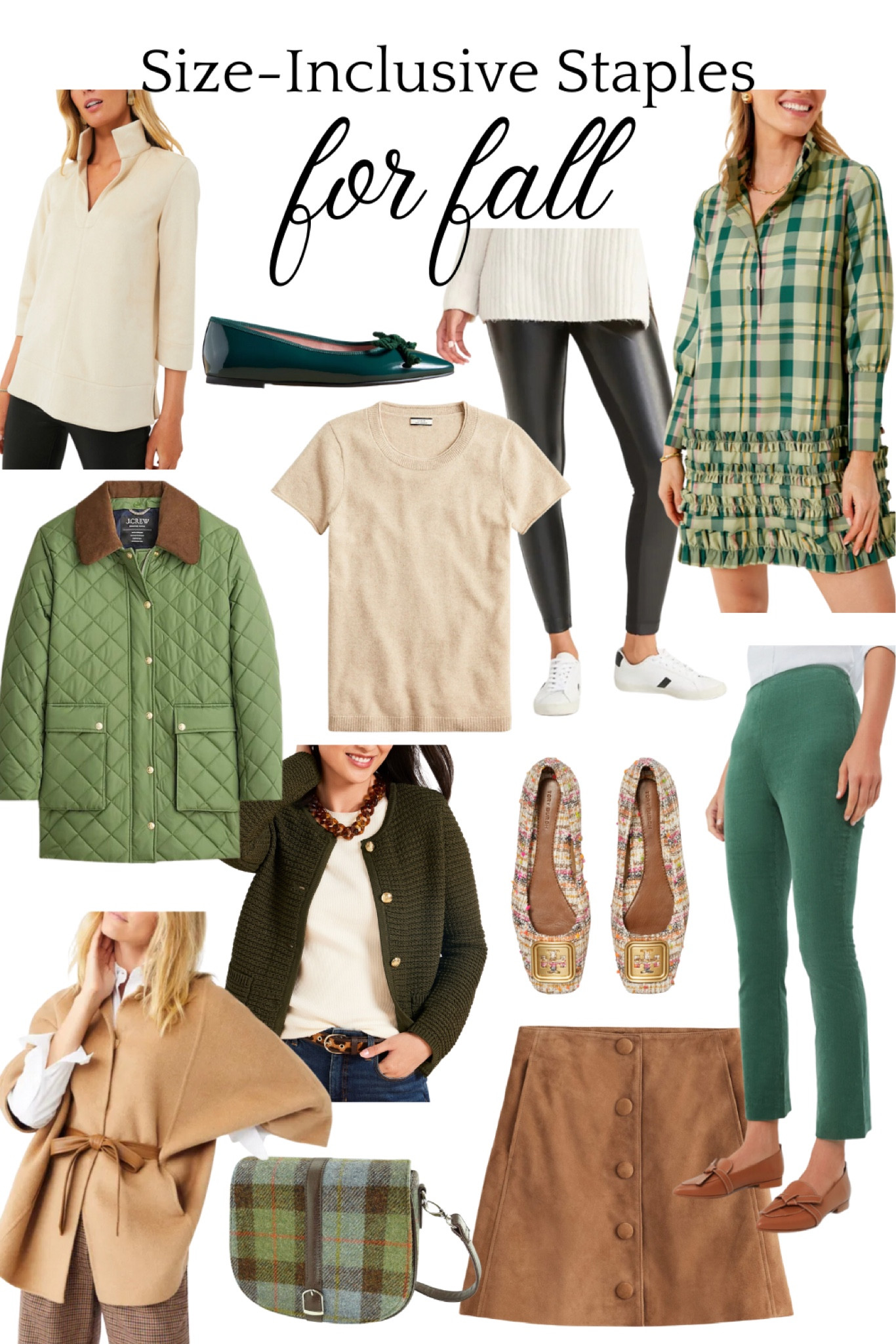 Size-inclusive staples for fall. Love all of these timeless and classic fall fashion pieces for women. All items available in plus size and extended sizes. 

Tuckernuck, ivory blouse, leather flats, leather leggings, plaid mini dress, green quilted jacket, Jcrew style, cashmere sweater, green corduroy pants, cardigan sweater, tan coat, crossbody purse, corduroy mini skirt, classic, preppy, mom style #tuckernuck #jcrew #classicstyle #plussize #fallfashion 

#LTKcurves #LTKunder100 #LTKstyletip