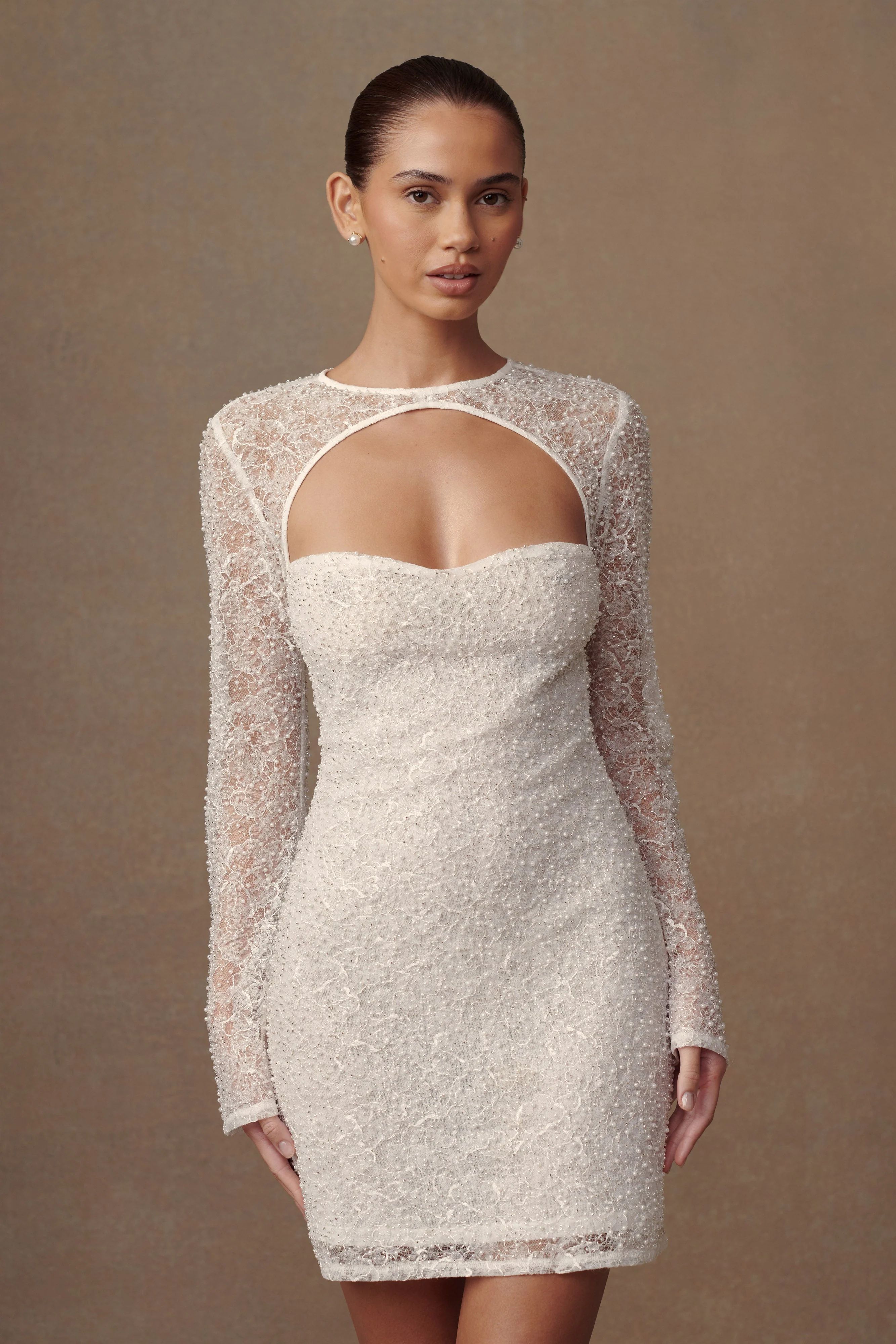 Paxton Pearl Beaded Mini Dress - White | MESHKI US