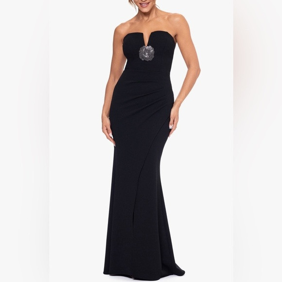 new Xscape rhinestone detail strapless scuba crepe gown in black crystal flower | Poshmark