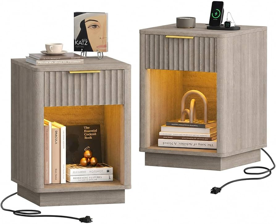 Akxomel Fluted Nightstands Set of 2, Wooden Night Stand with Charging Station and LED Light, Mode... | Amazon (US)