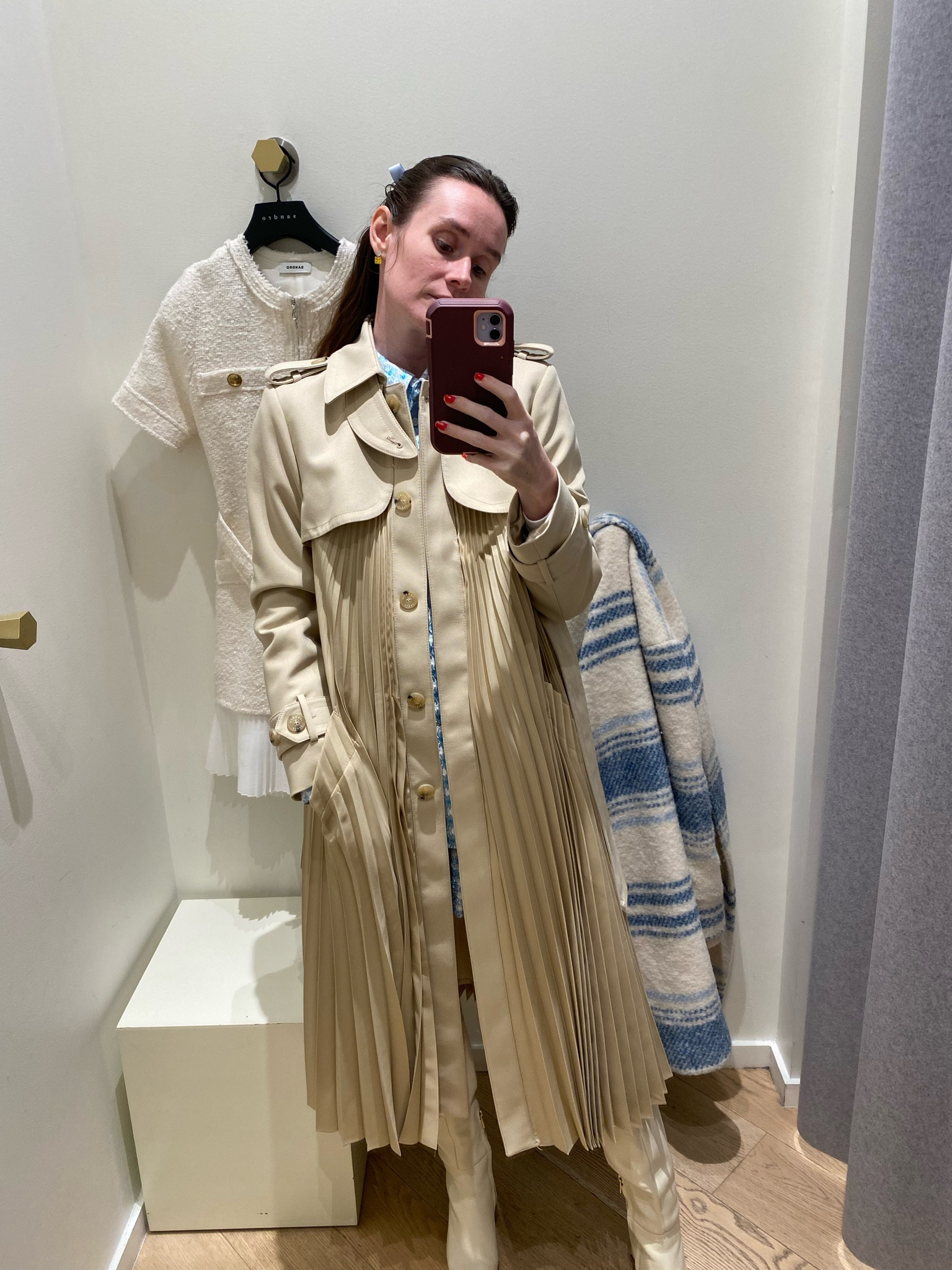 Sandro tan khaki pleated coat // Sandro pleated trench coat 