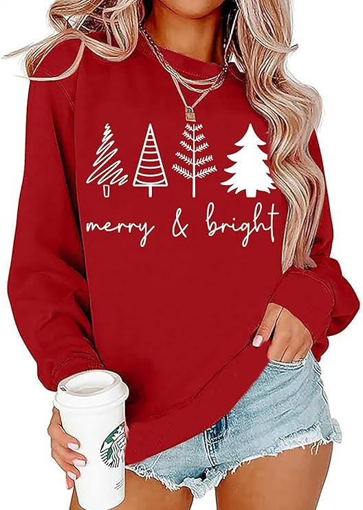 Christmas Trees Sweatshirt for Women Merry and Bright Christmas Shirts Xmas Holiday Party Long Sl... | Amazon (US)