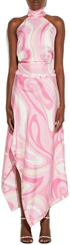 Sexy Two Piece Skirt Set for Women Printed Satin Halter Tops and Irregular Maxi Skirts Vacation O... | Amazon (US)