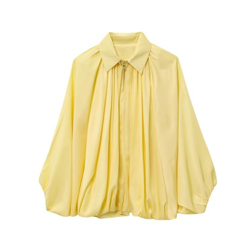 Tearsand Women's Casual Bomber Jacket Oversized Long Sleeves Outwear with Front Zip Batwing Lapel Collar OutCoat Shirts(Yellow,L) | Amazon (US)