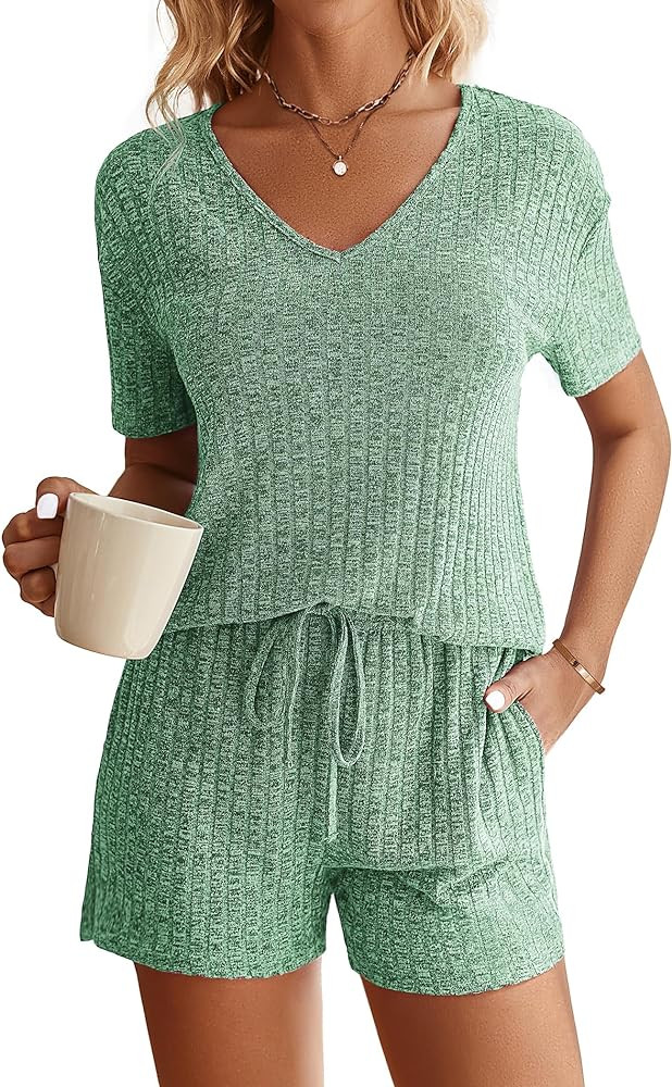 Ekouaer Womens Ribbed Knit Lounge Set Short Sleeve Top and Shorts Sleepwear Pajama Set Two Piece ... | Amazon (US)