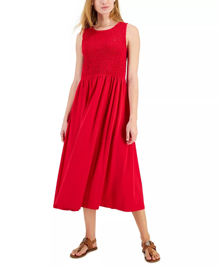 Tommy Hilfiger Women's Solid-Color Smocked Sleeveless Dress - Macy's | Macy's