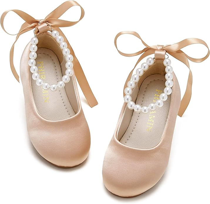 Toddler Flower Girl Dress Shoes - Little Girl Ballet Flats Pearl Strap for Wedding Party | Amazon (US)