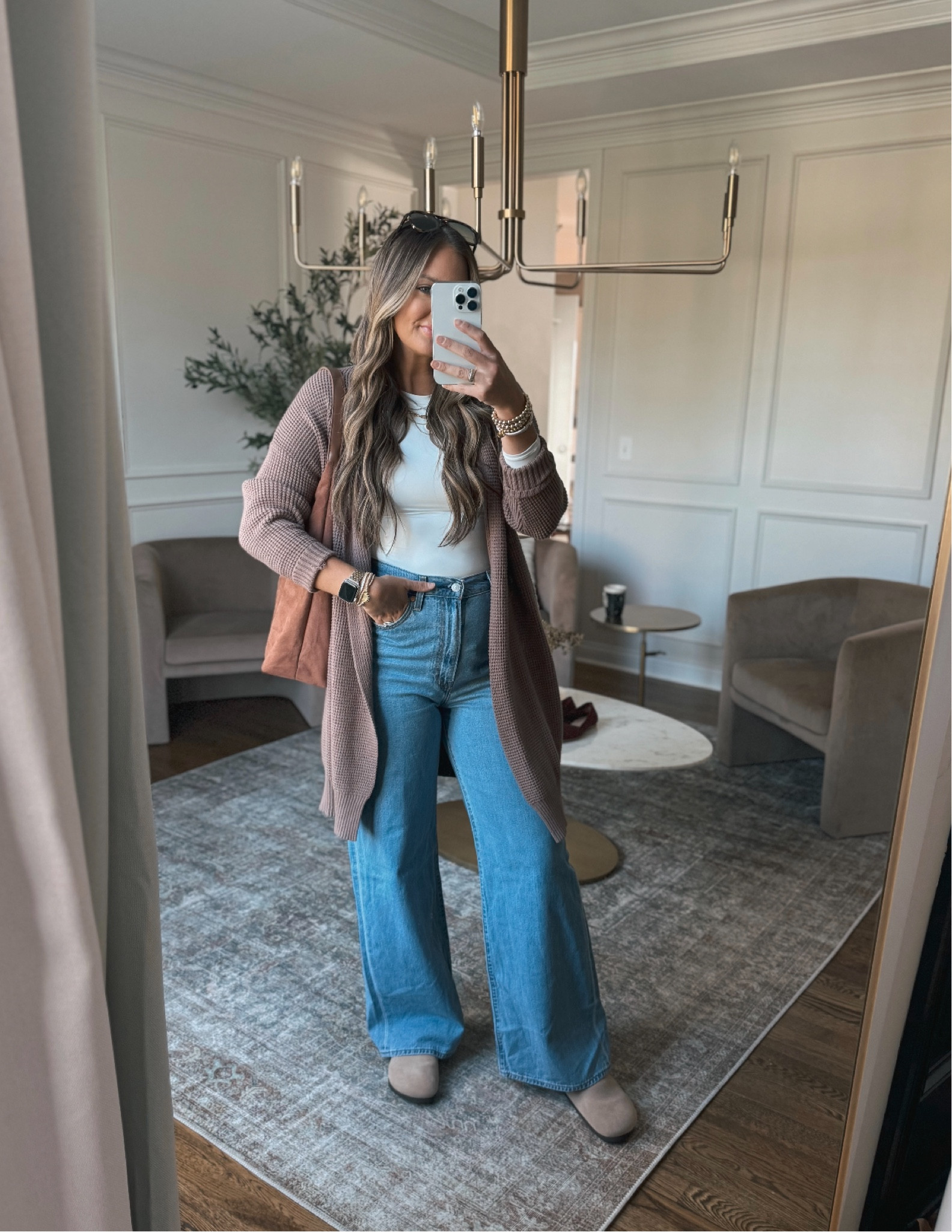 Casual and cute postpartum jean look! Paired with a bodysuit and slouchy knit cardigan. 

#LTKSeasonal #LTKStyleTip #LTKFindsUnder50