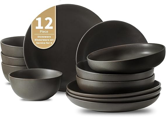 Plates and Bowls Sets, 12-Pieces Stoneware Dinnerware Set Ceramic, Matte Black Dishes Set for 4, ... | Amazon (US)