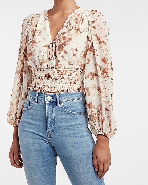 Printed Puff Sleeve Smocked V-Neck Top | Express