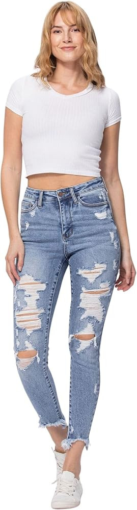 Judy Blue Hi-Rise Destroyed Shark Hem Skinny Jeans - 88390 | Amazon (US)