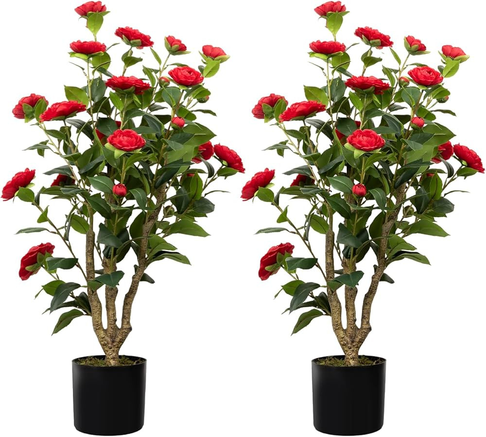 38” Artificial Camellia Tree 2 Packs, Faux Camellia Plant in Pot with Red Flowers, Greenery Cam... | Amazon (US)