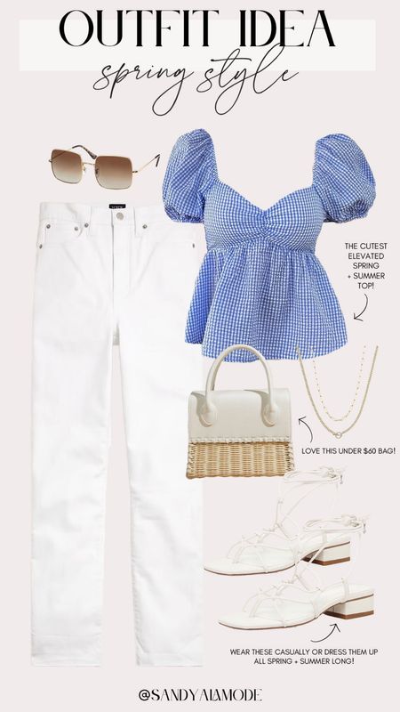 Elevated casual spring outfit | Amazon spring style | Amazon spring top | blue gingham puff sleeve top | white and rattan summer handbag | flattering white jeans | white lace up sandals #LTKstyletip #LTKfindsunder100

#LTKSeasonal
