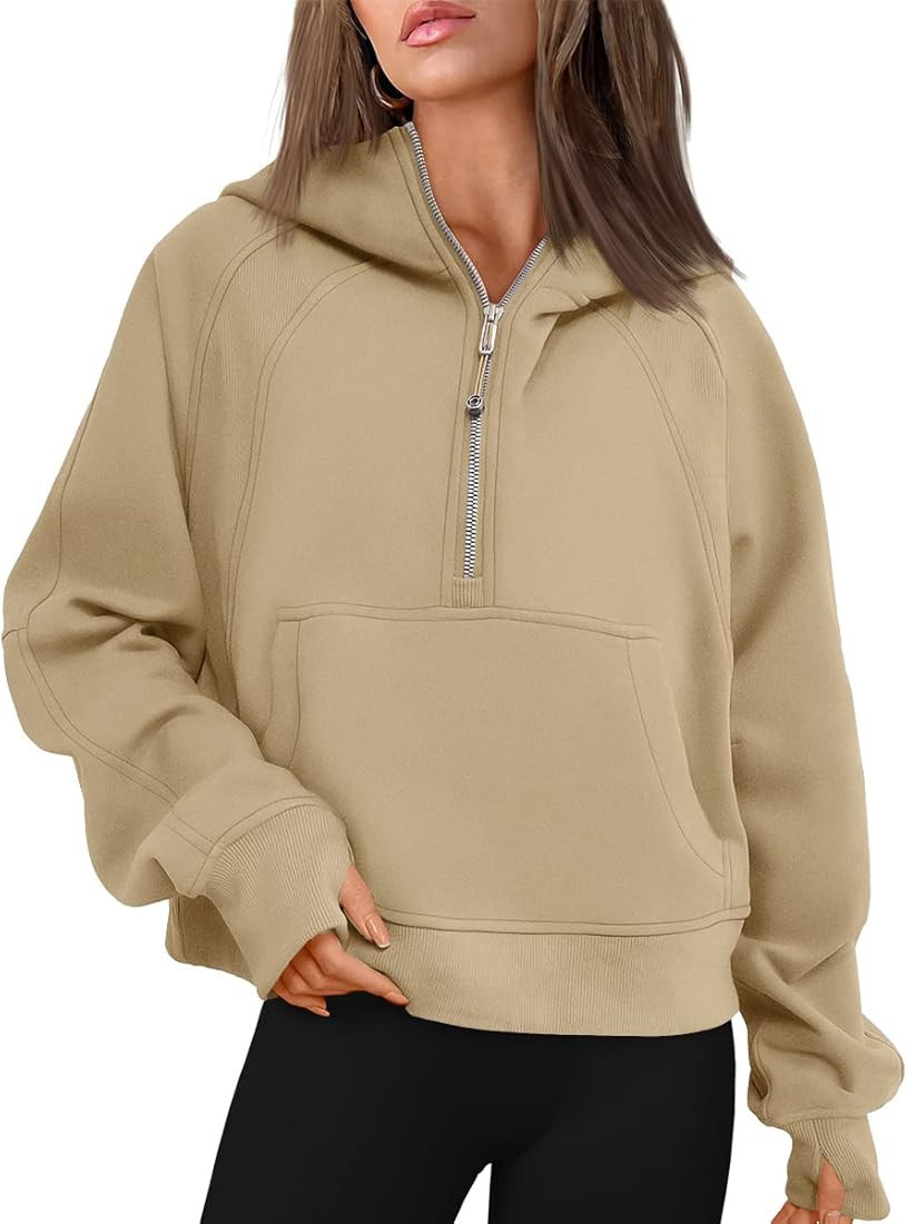 Trendy Queen Women Half Zip Cropped Hoodies Fleece Quarter Zip Up Pullover Sweatshirts Winter Clothe | Amazon (US)