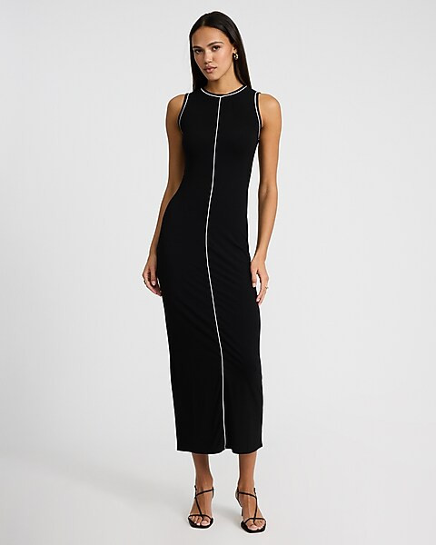 Piped Ribbed Crew Neck Sleeveless Midi Knit Dress | Express