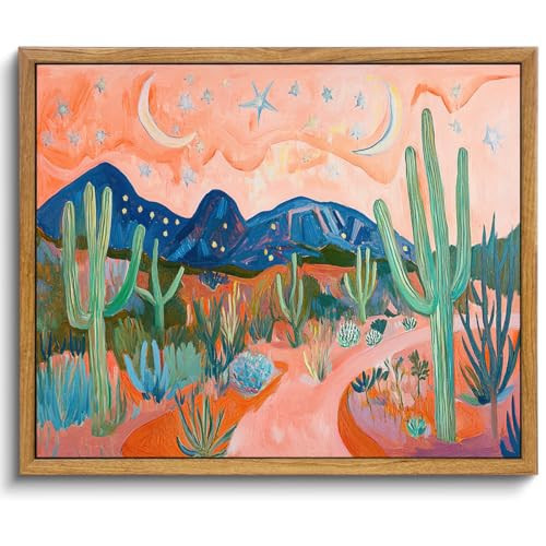 AtterrirArt Framed Boho Wall Art, Vintage Desert Picture Painting Print, Colorful Cactus Wall Decor For Living Room Canvas Wall Art, Ready To Hang, 12 * 16 Inches | Amazon (US)