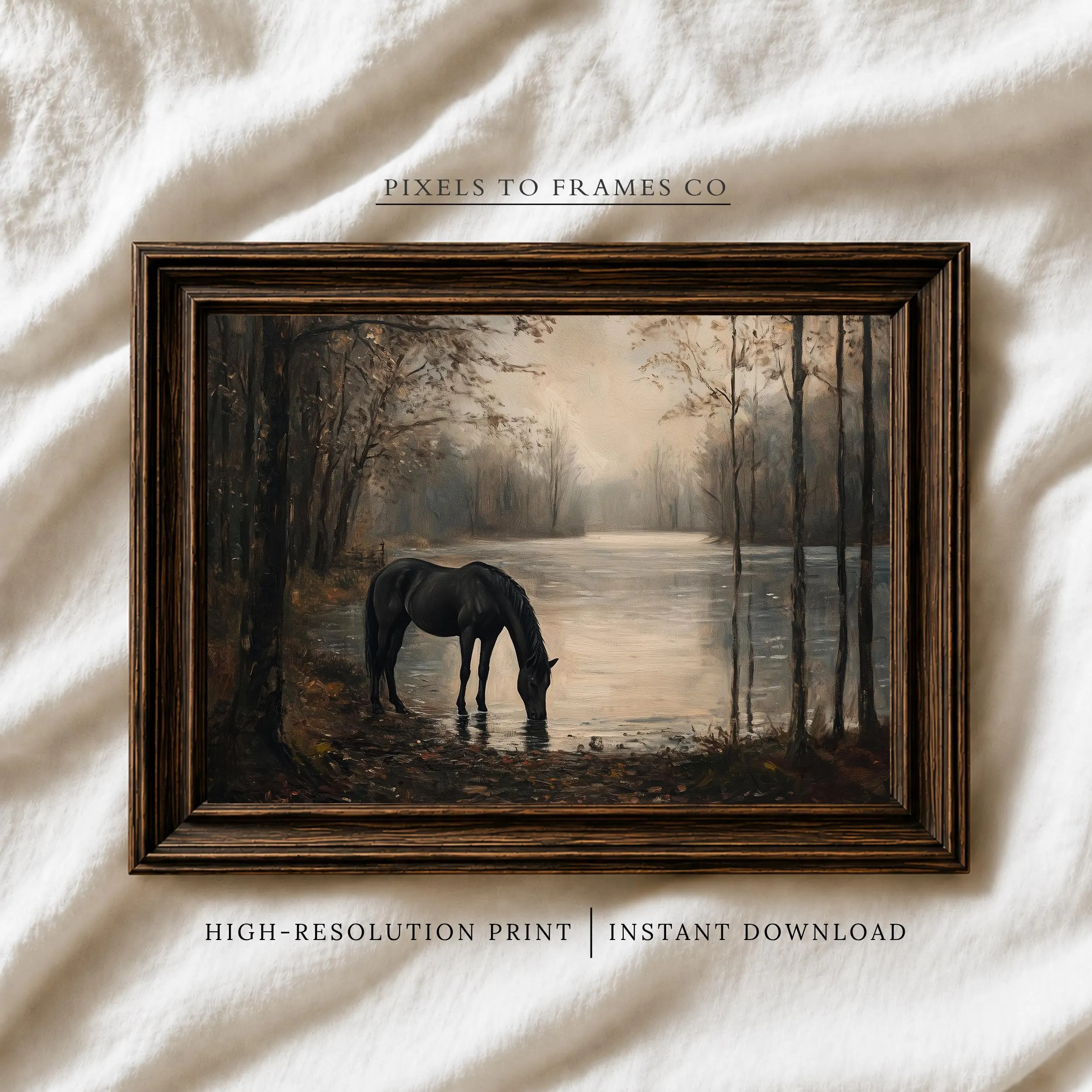 Vintage Dark Horse Printable Wall Art, Misty Lake Autumn Painting, Vintage Equestrian Landscape Decor, Moody Woodland Digital Download | Etsy (Global)