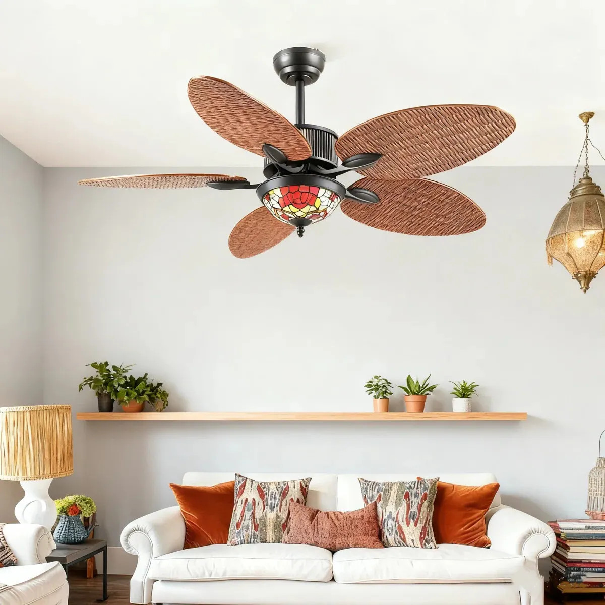 Kviflon 50 in Tropical Ceiling Fan with Tiffany Style Glass Light Vintage Chandelier Design Quiet DC Motor Reversible Remote and App Control for | Lowe's