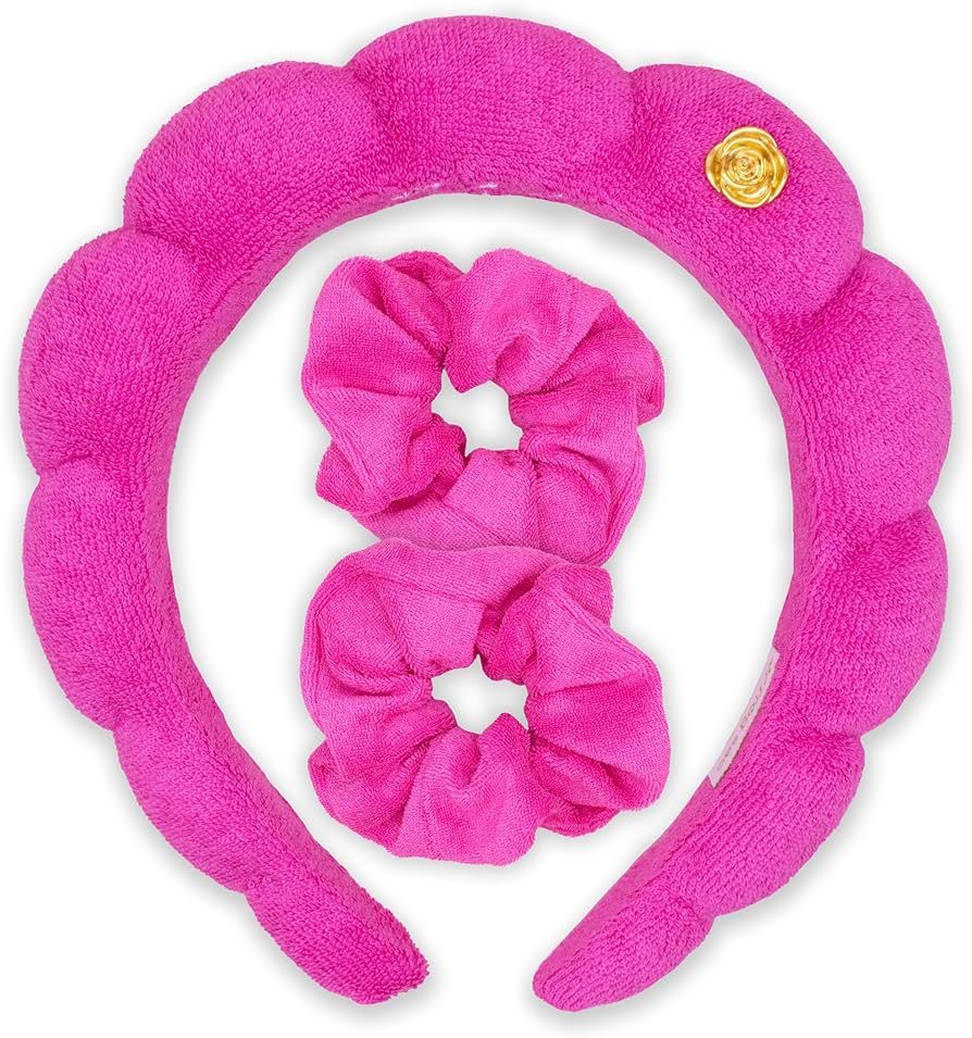 FROG SAC Puffy Spa Headband and Wristbands for Face Washing, Hot Pink Make Up Skincare Head Band ... | Amazon (US)