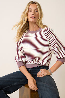 EVEREVE Women's Rami Raglan Pullover, Size Large, Offwhite/Wine Red | Evereve