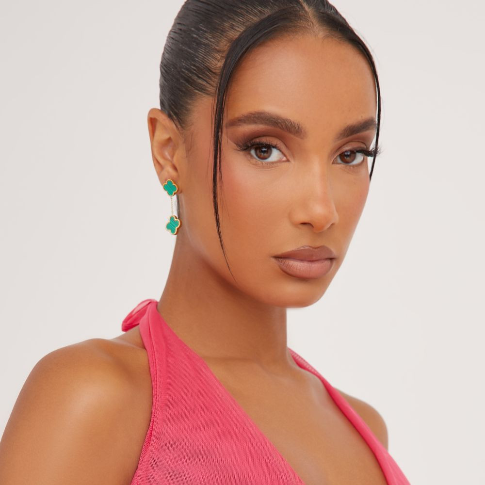 Flower Detail Drop Detail Earrings In Green And Gold | EGO (UK)