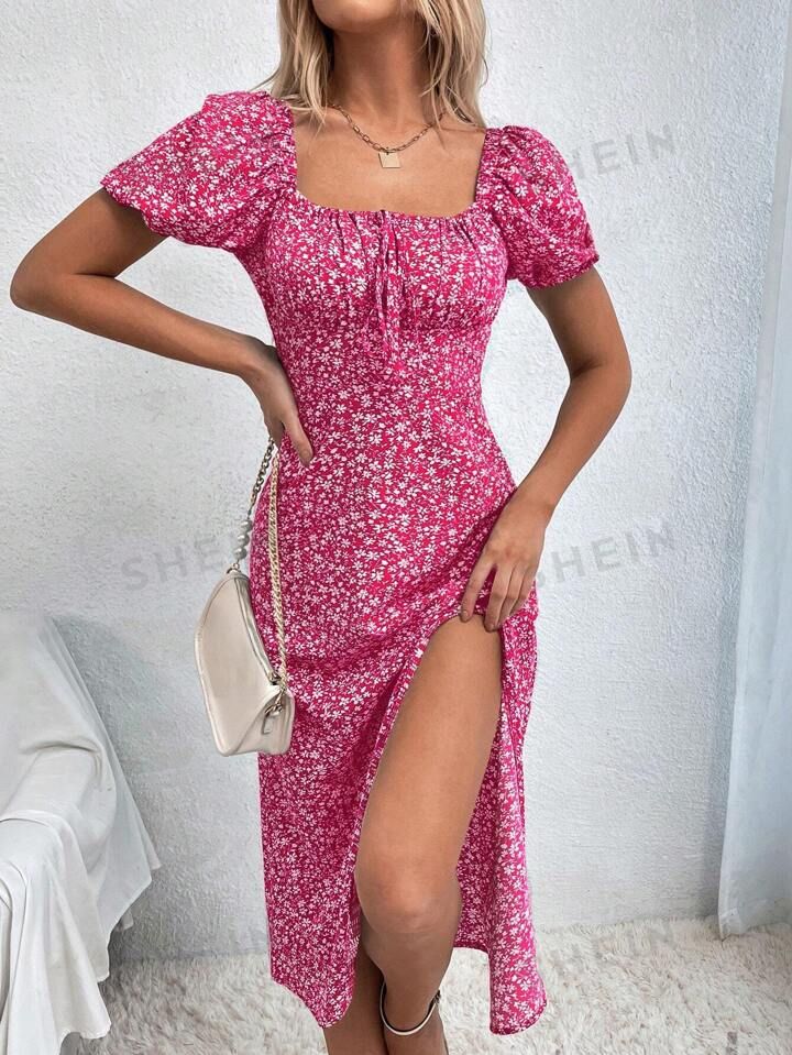 SHEIN Frenchy Square Neck High Side Slit Dress | SHEIN