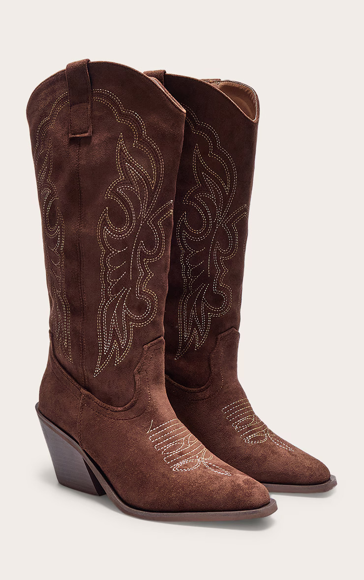 Chocolate Faux Suede Point Toe Calf High Western Boots | PrettyLittleThing US