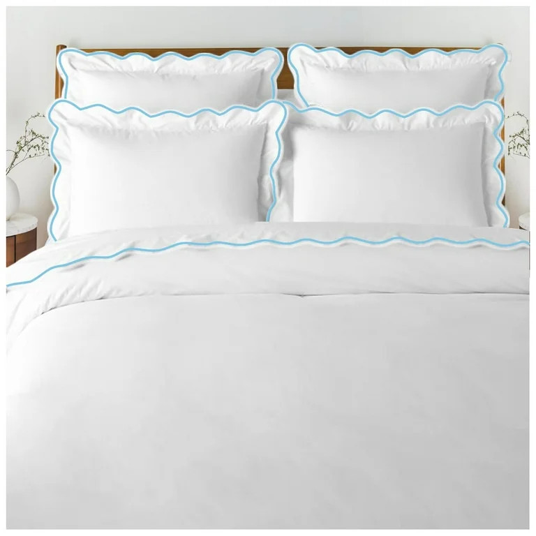 400 Thread Count White Cotton Sateen Hotel Stitch Duvet Cover in Scalloped Embroidery King/Cal-Ki... | Walmart (US)