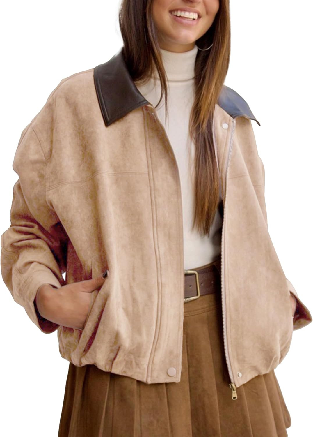 Womens Faux Suede Bomber Jacket Casual Lapel Pilot Cropped Jackets Oversized Motorcycle Zip Up Outerwear Coats | Amazon (US)