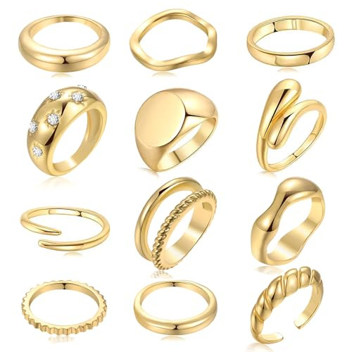 FAXHION 12PCS Gold Stackable Rings Set for Women, 18K Gold Plated Open Stacking Knuckle Ring, Adjustable Chunky Signet Band Statement Ring for Gift | Amazon (US)