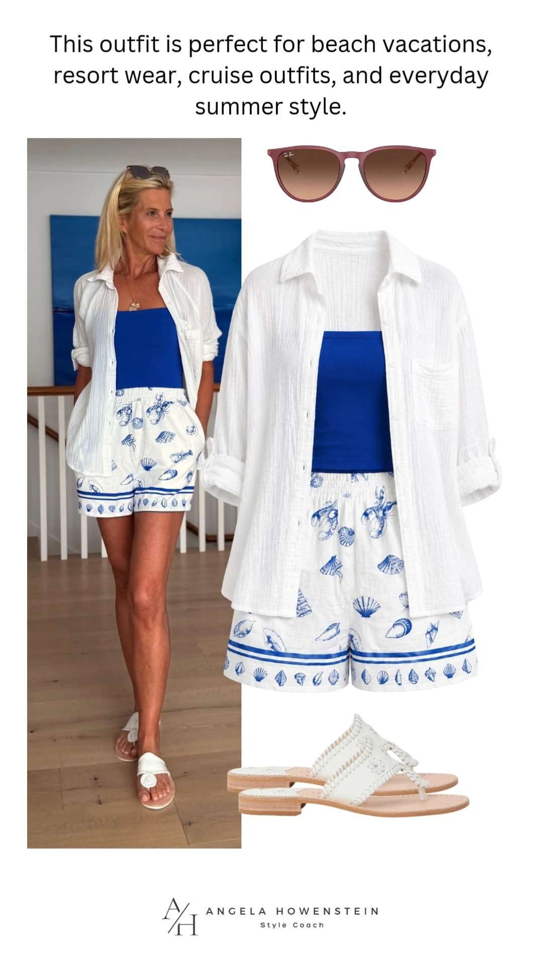 Effortless coastal style with this blue tank, shell-print shorts, and lightweight white button-down. 

 #LTKootd #LTKOver40 #LTKSwim