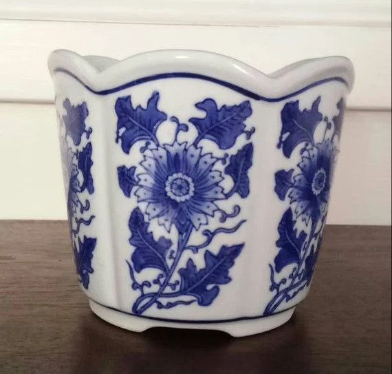 Vintage Blue and White Porcelain Cachepot Chinoiserie Planter Chinese Flowerpot Peony Asian Export H | Etsy (US)