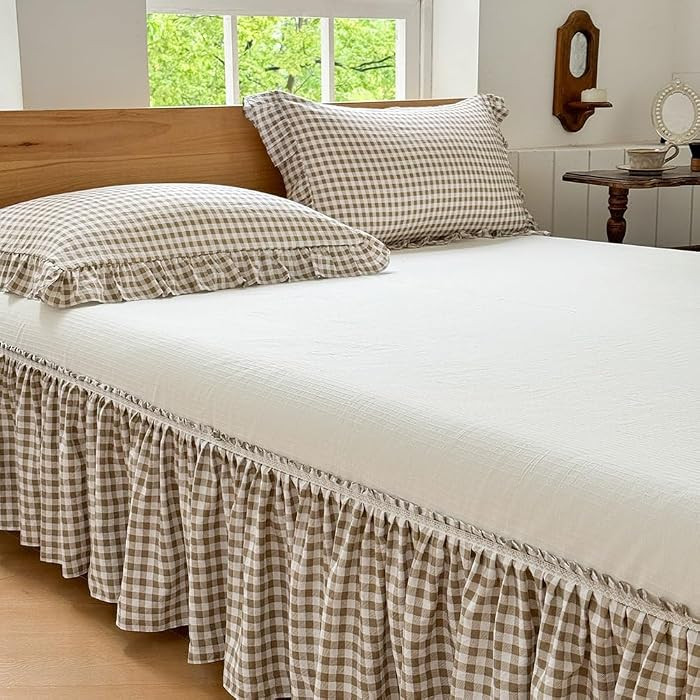 NSNLGSGC Tan Gingham Wrap Around Ruffled Bed Skirt, Full | Amazon (US)