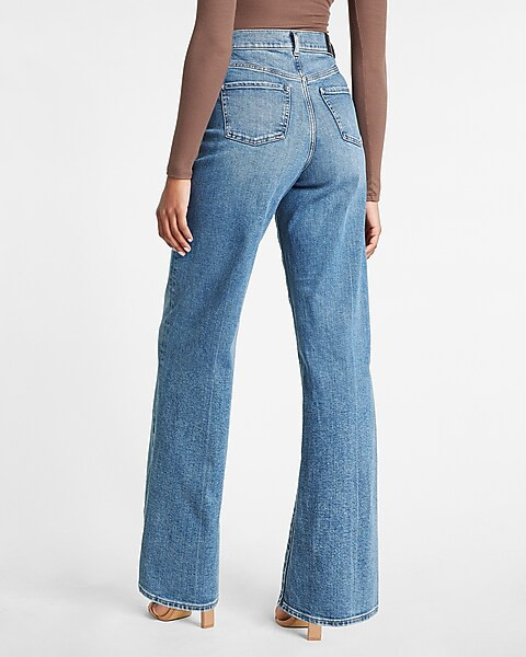 Super High Waisted Medium Wash Button Fly 90s Wide Leg Jeans | Express