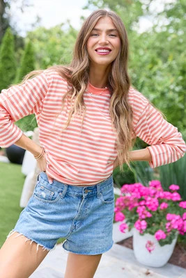 Nylah Coral Striped Long Sleeve Crewneck | Pink Lily